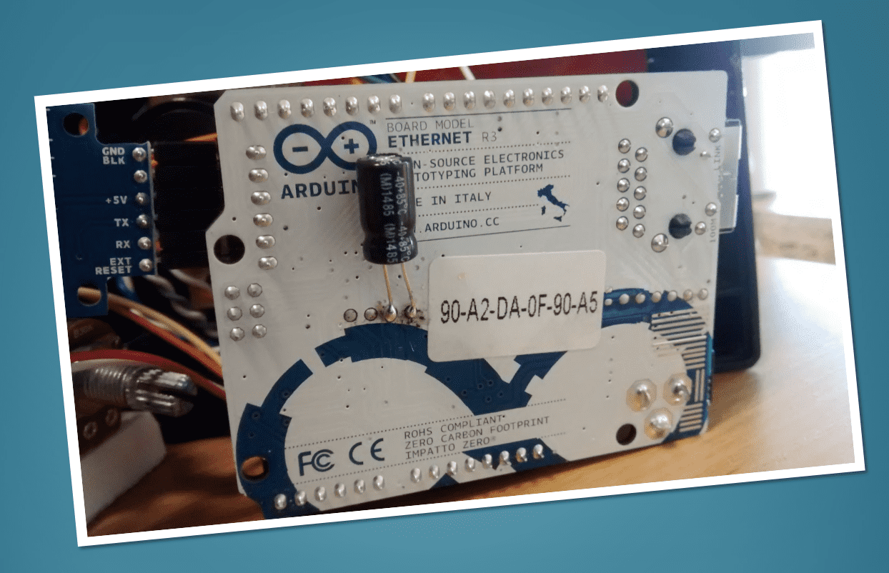Arduino Ethernet R3 with Capacitor solders over POE pins