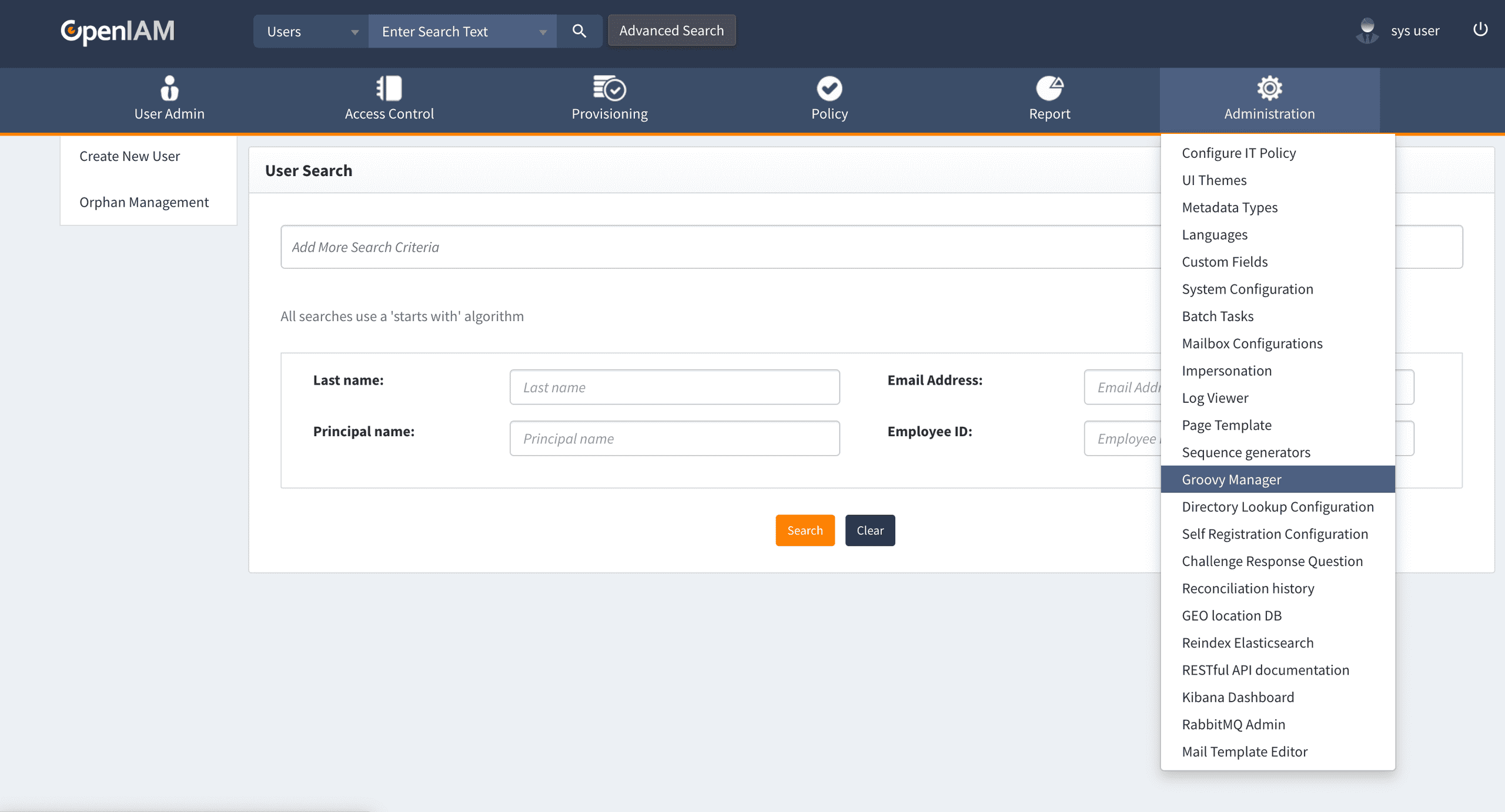 OpenIAM Webconsole with Administration Menu Open