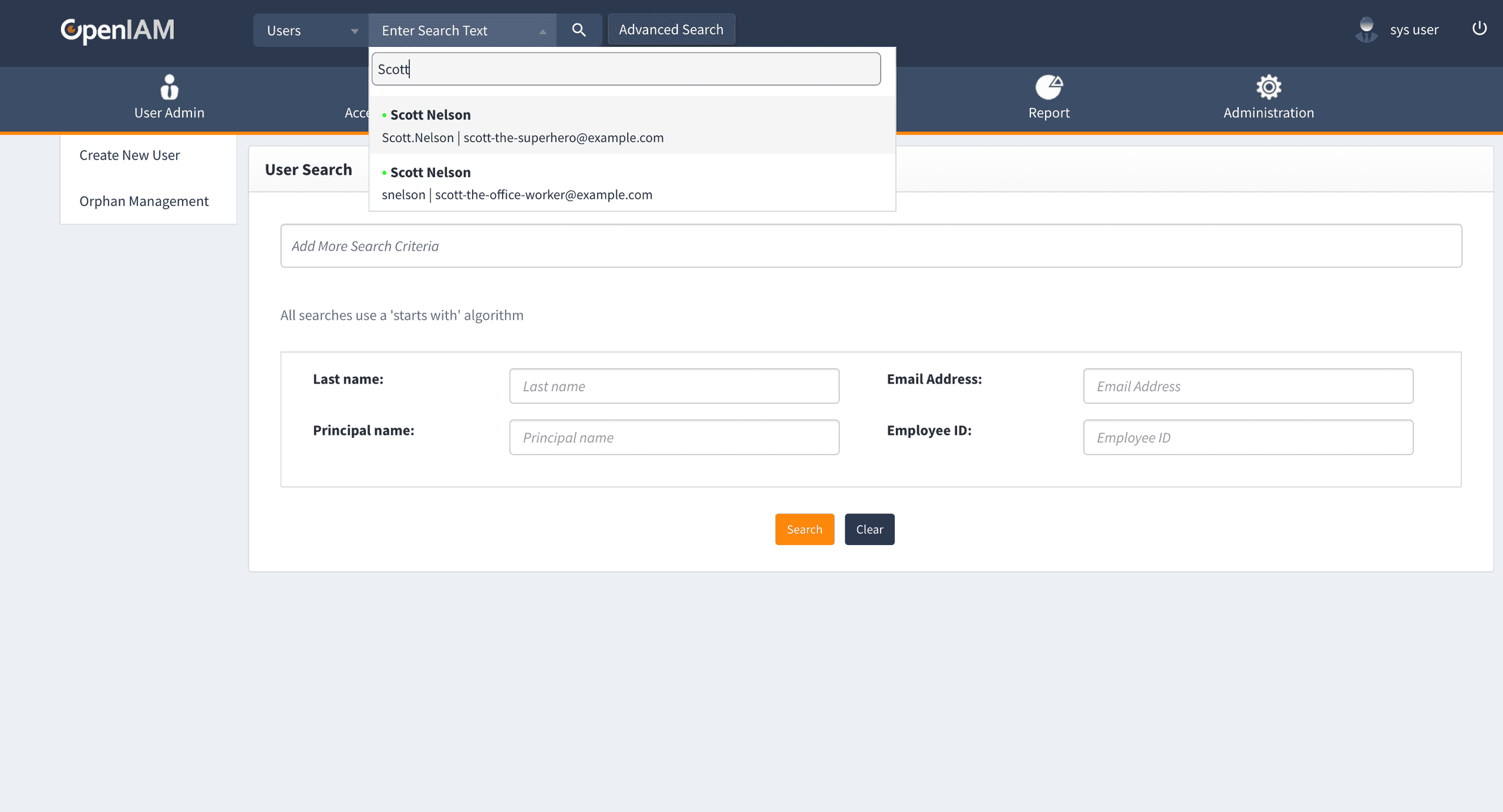 OpenIAM User Search, showing two Scott Nelsons