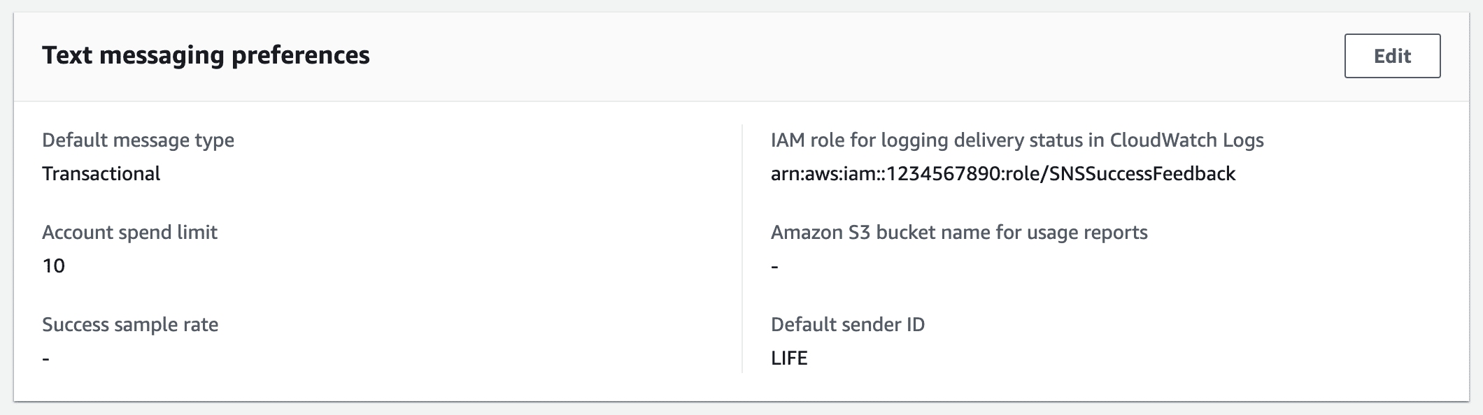 AWS SNS Text messaging preferences